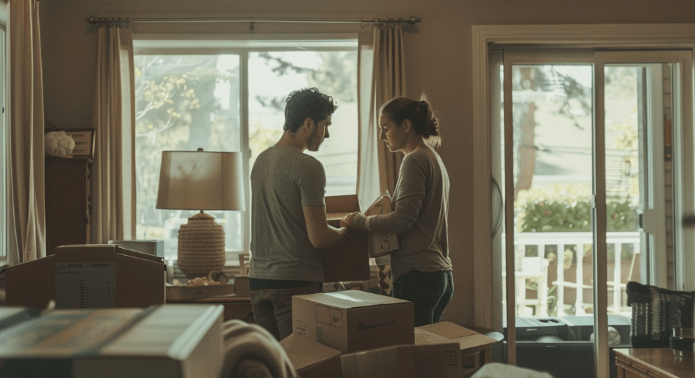 A man and woman packing moving boxes