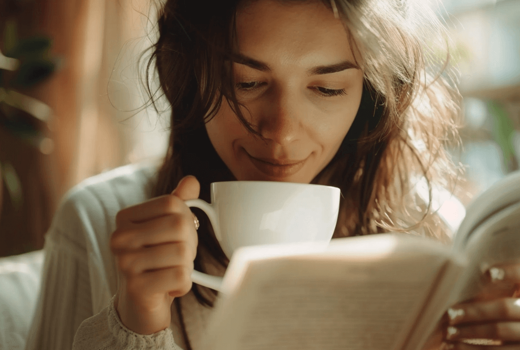 A content woman reading a book and drinking a coffee