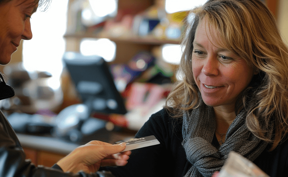 A happy woman using her credit card at the store