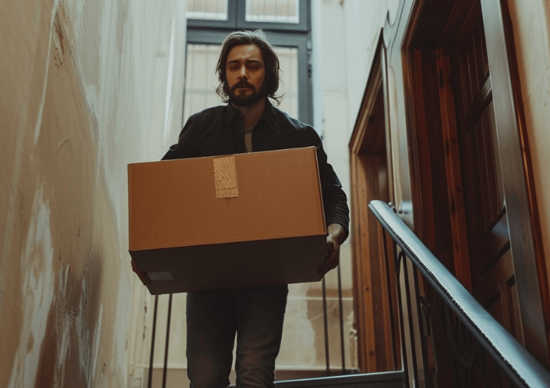 Man walking down stairs with a box in his hand while moving