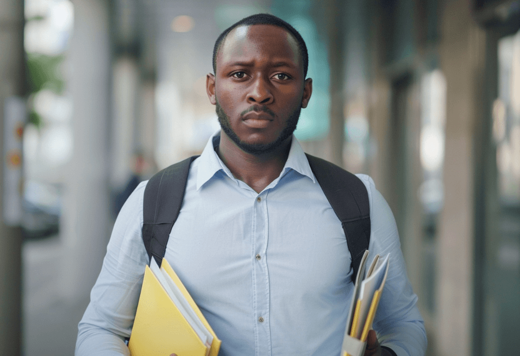 man walking to see lawyer with file folders in his hands