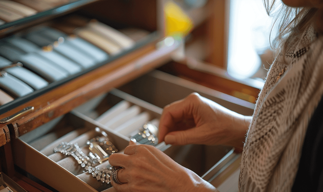 woman going through her jewelry in a box